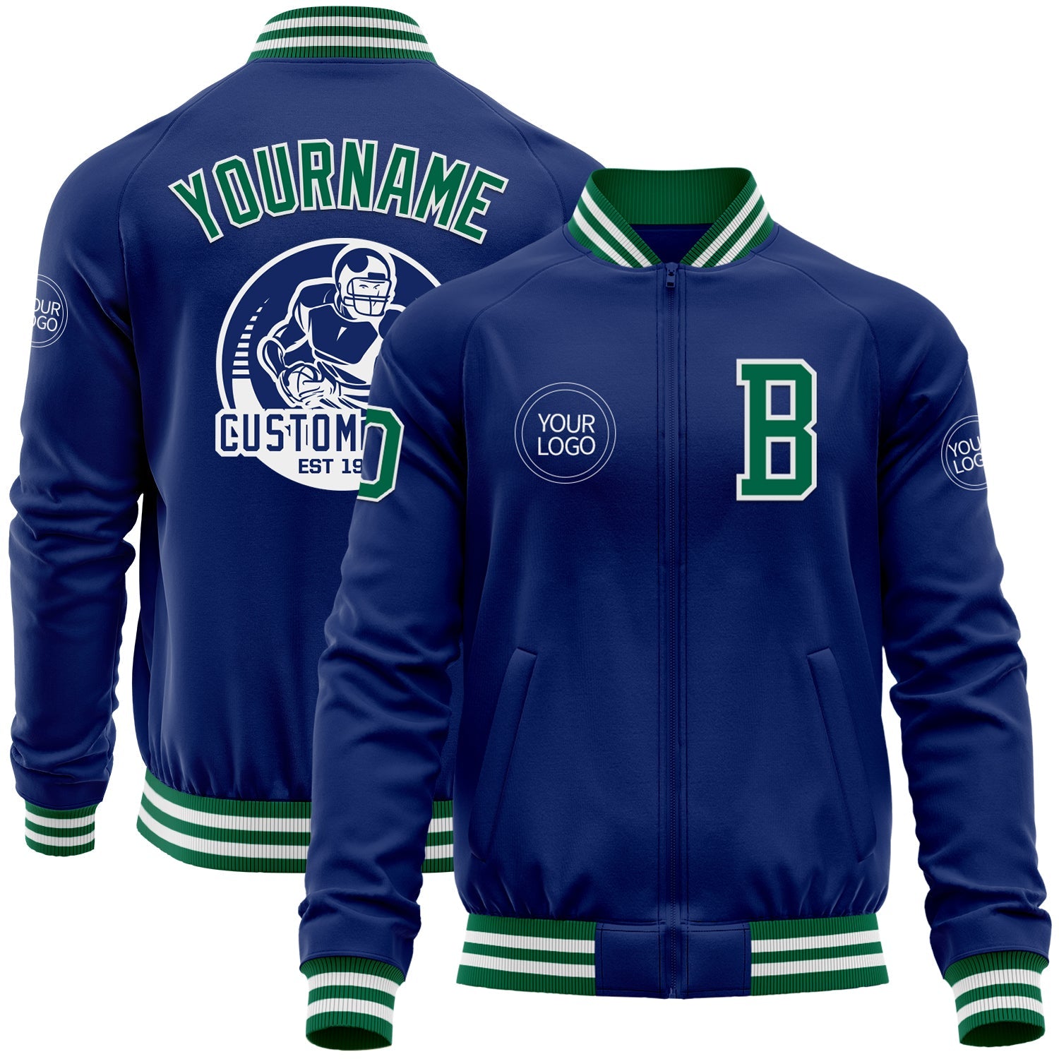 Custom Royal Kelly Green-White Bomber Varsity Letterman Zipper Jacket - Main View