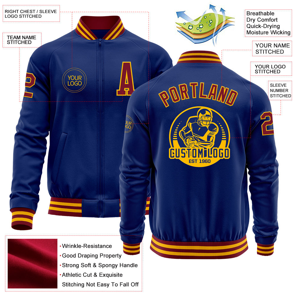 Custom Royal Crimson-Gold Bomber Varsity Letterman Zipper Jacket view 4