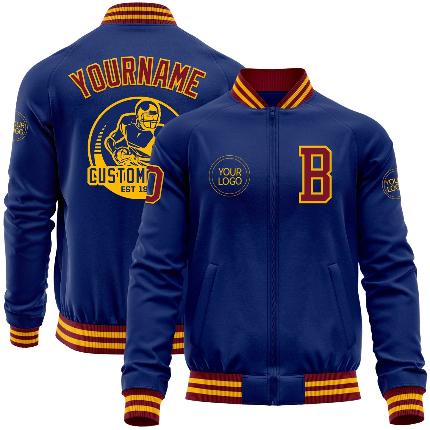 Custom Royal Crimson-Gold Bomber Varsity Letterman Zipper Jacket - Main View