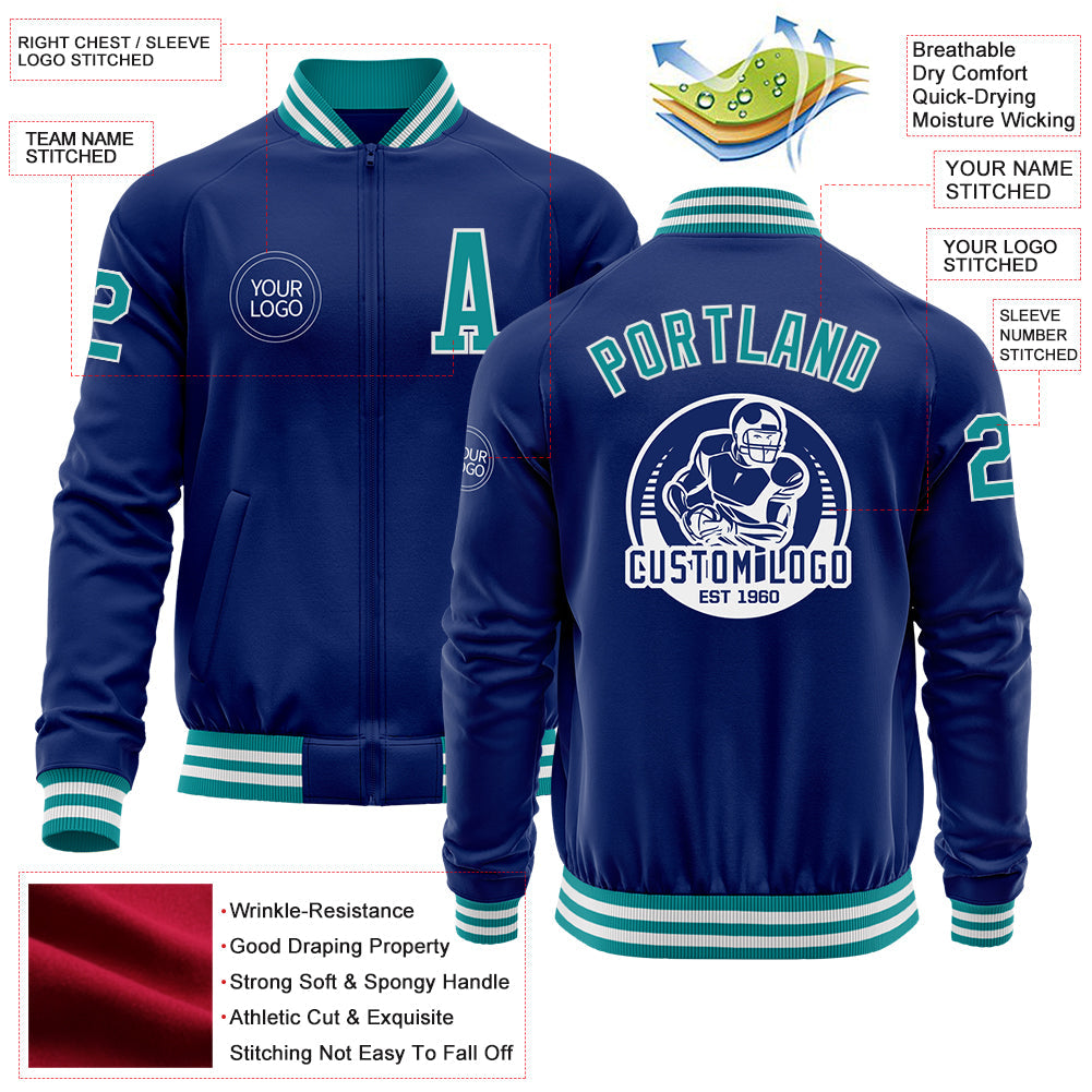 Custom Royal Teal-White Bomber Varsity Letterman Zipper Jacket view 4