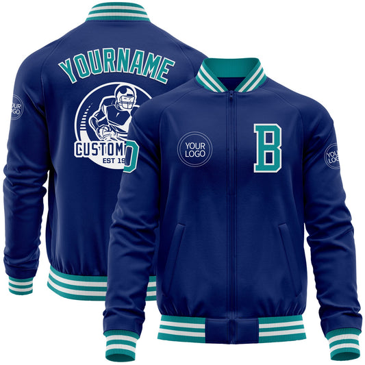 Custom Royal Teal-White Bomber Varsity Letterman Zipper Jacket - Main View