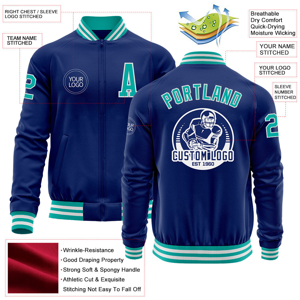 Custom Royal Aqua-White Bomber Varsity Letterman Zipper Jacket view 4