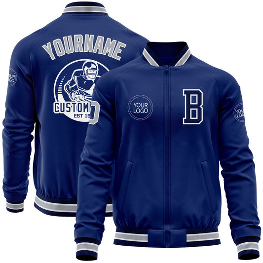 Custom Royal Gray-Navy Bomber Varsity Letterman Zipper Jacket - Main View