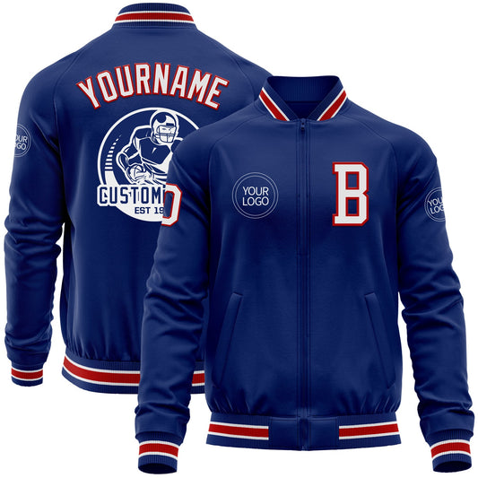 Custom Royal White-Red Bomber Varsity Letterman Zipper Jacket - Main View