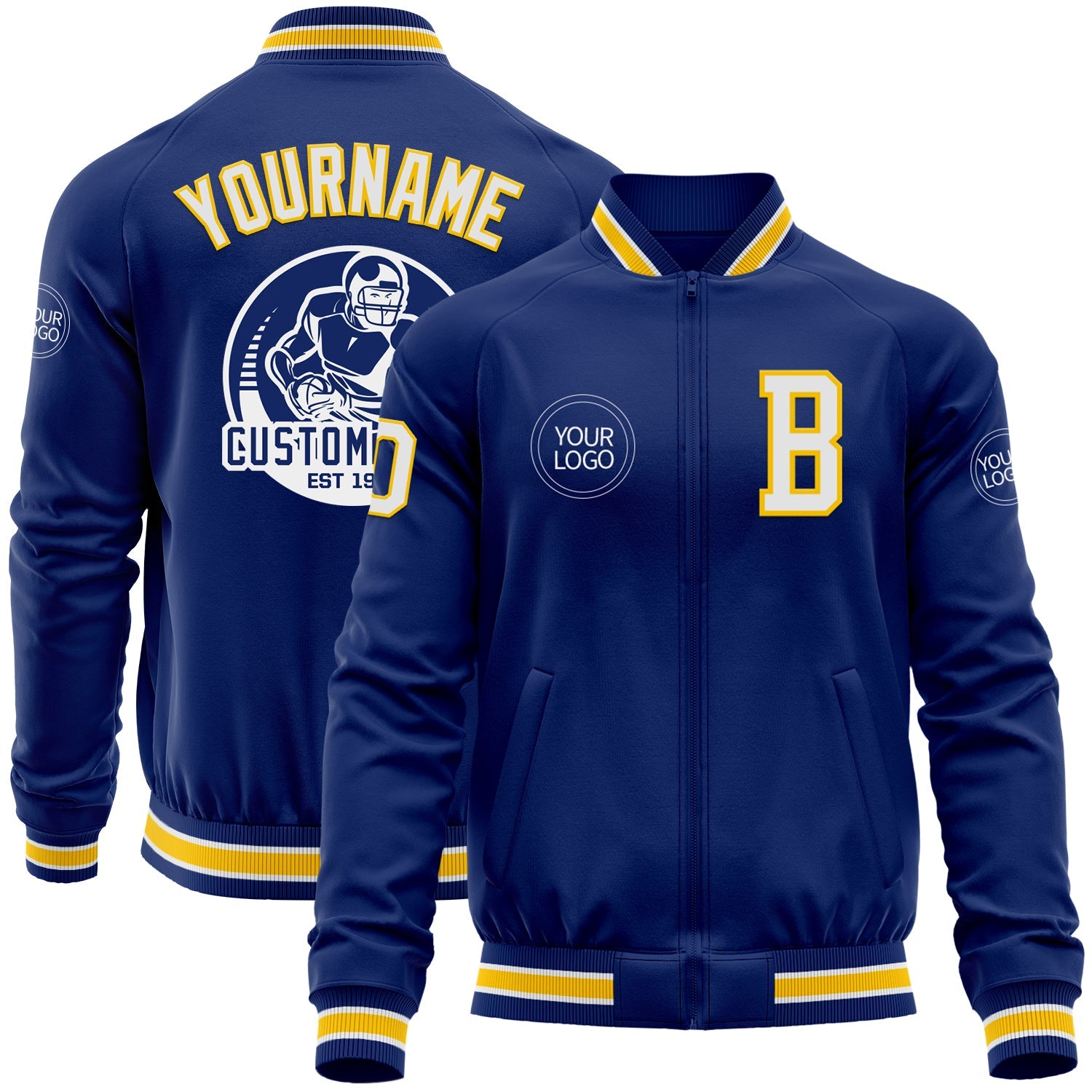 Custom Royal White-Yellow Bomber Varsity Letterman Zipper Jacket - Main View