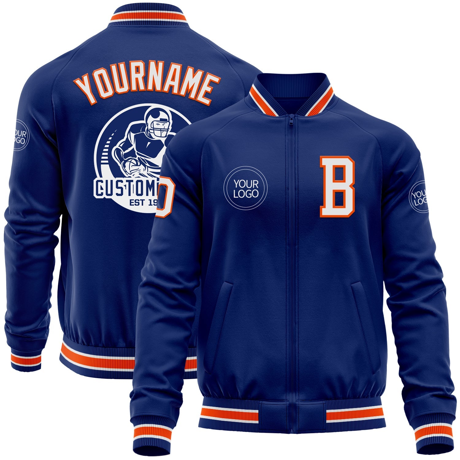 Custom Royal White-Orange Bomber Varsity Letterman Zipper Jacket - Main View