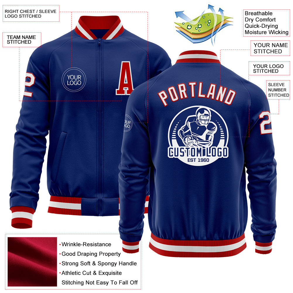 Custom Royal White-Red Bomber Varsity Letterman Zipper Jacket view 4