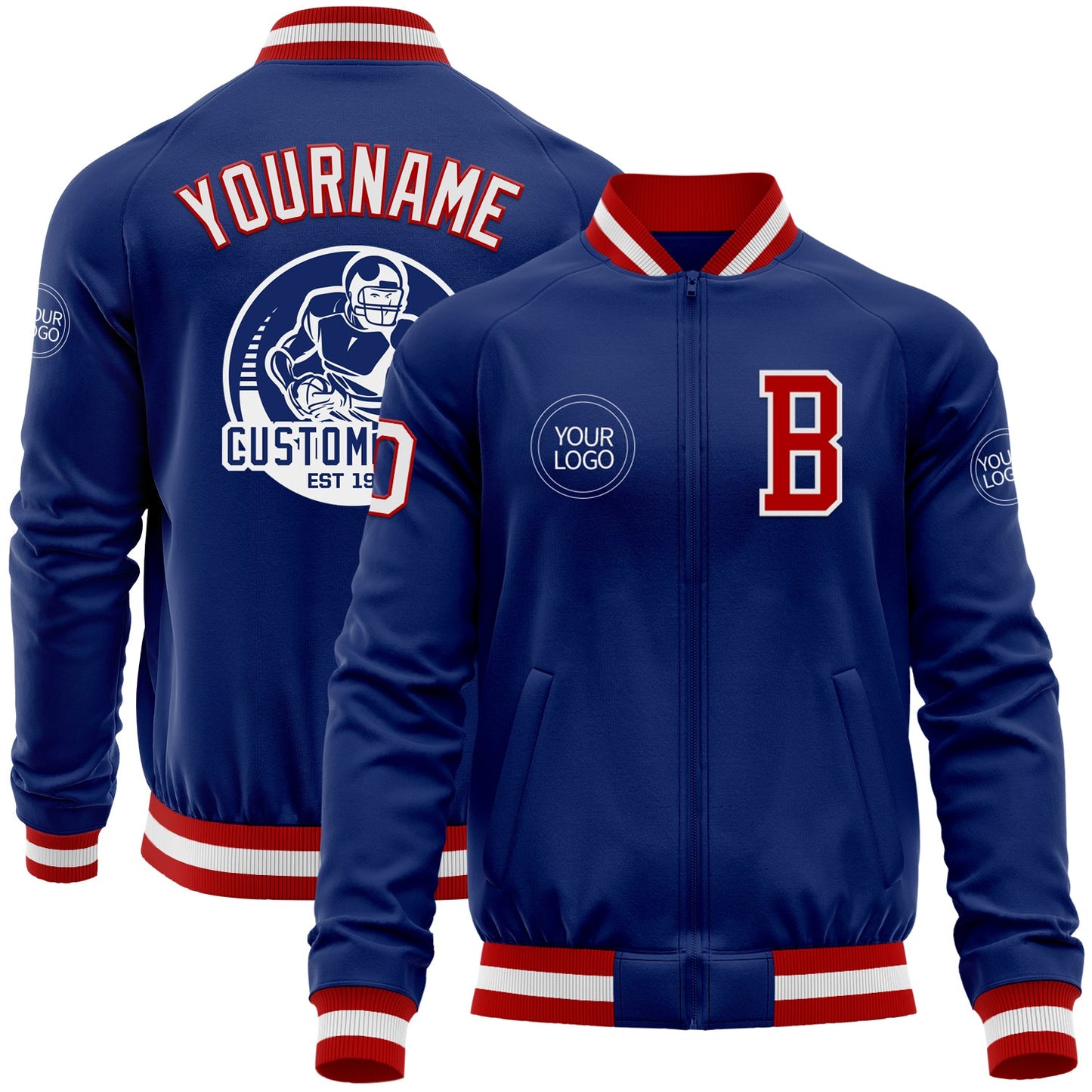 Custom Royal White-Red Bomber Varsity Letterman Zipper Jacket - Main View