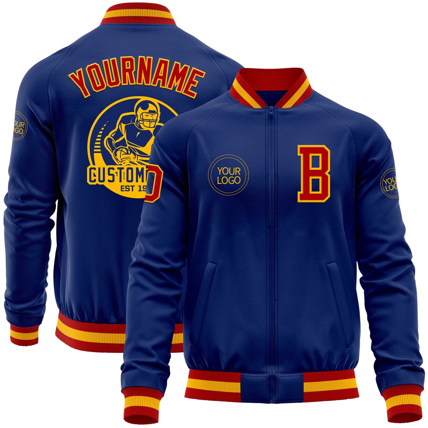 Custom Royal Red-Gold Bomber Varsity Letterman Zipper Jacket - Main View