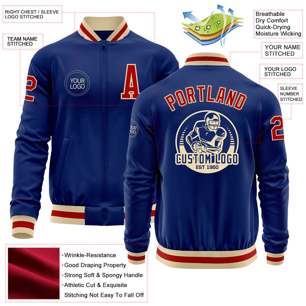 Custom Royal Red-Cream Bomber Varsity Letterman Zipper Jacket view 4