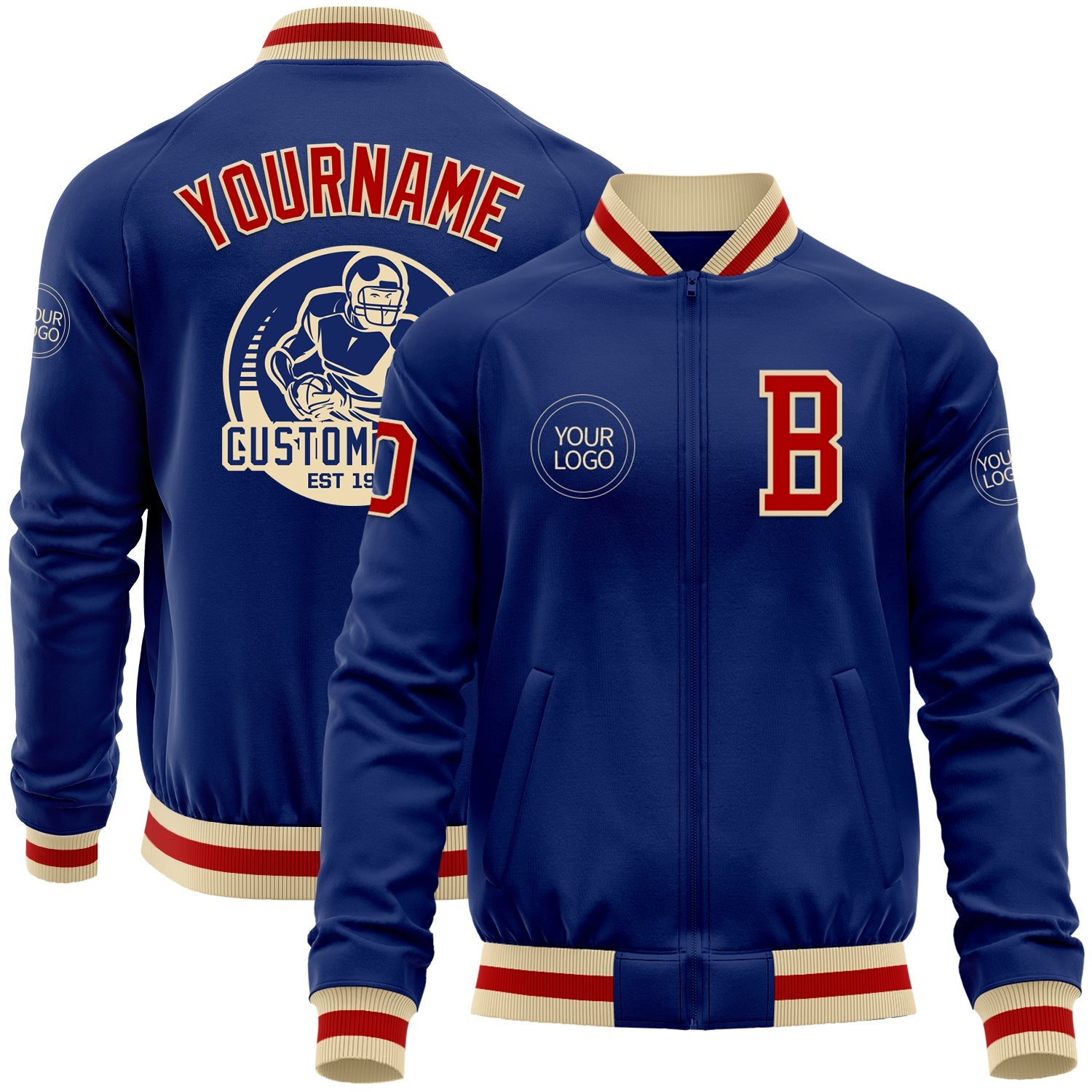 Custom Royal Red-Cream Bomber Varsity Letterman Zipper Jacket - Main View