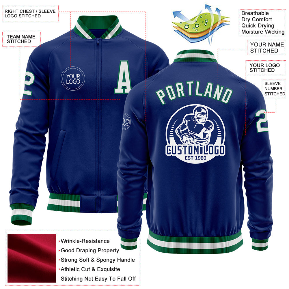 Custom Royal White-Kelly Green Bomber Varsity Letterman Zipper Jacket view 4