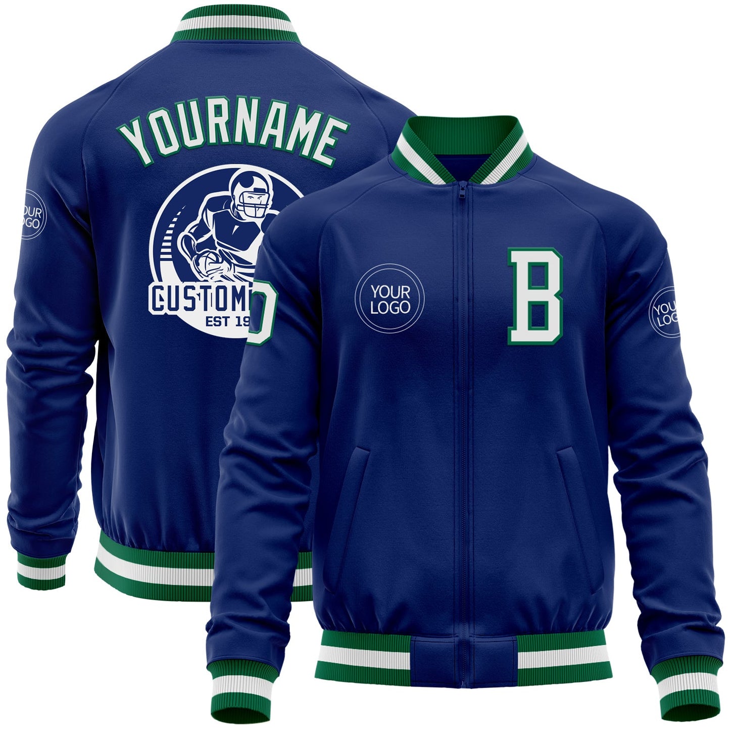 Custom Royal White-Kelly Green Bomber Varsity Letterman Zipper Jacket - Main View