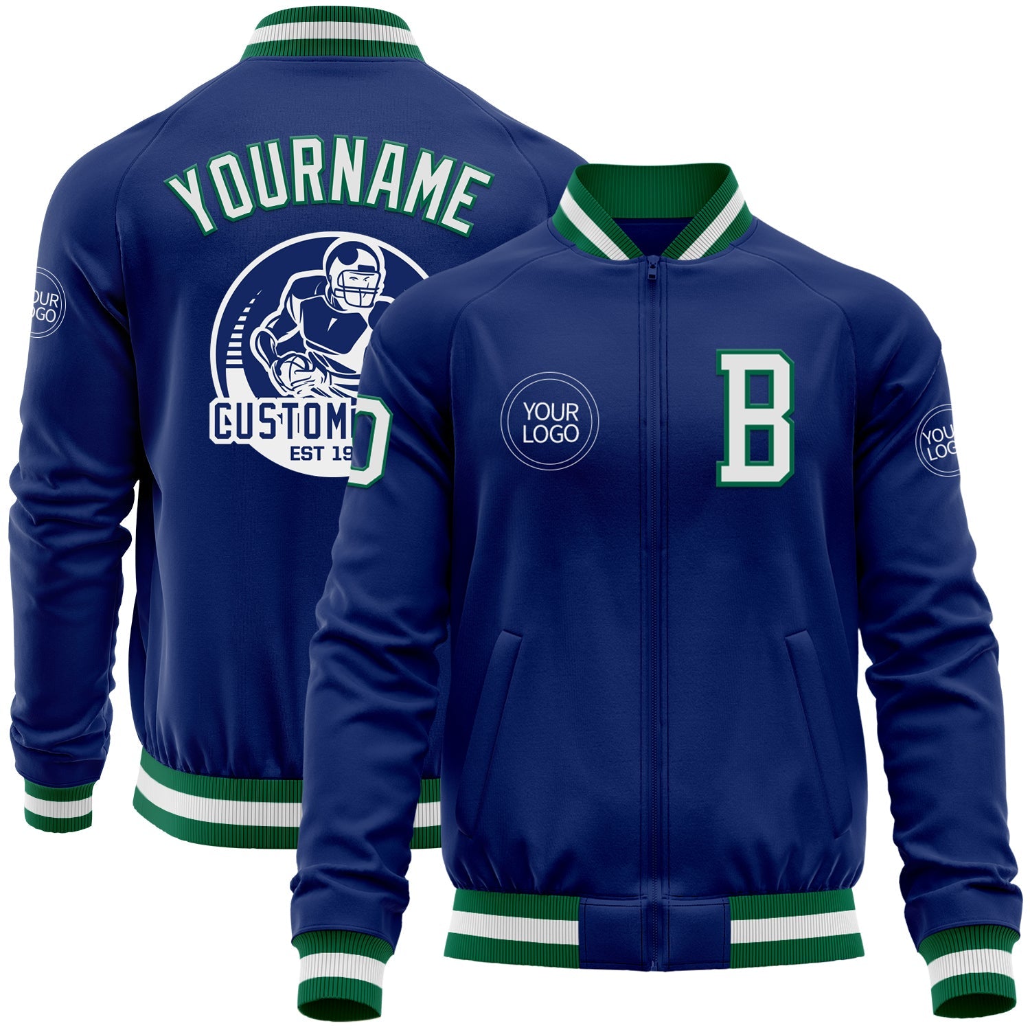 Custom Royal White-Kelly Green Bomber Varsity Letterman Zipper Jacket - Main View