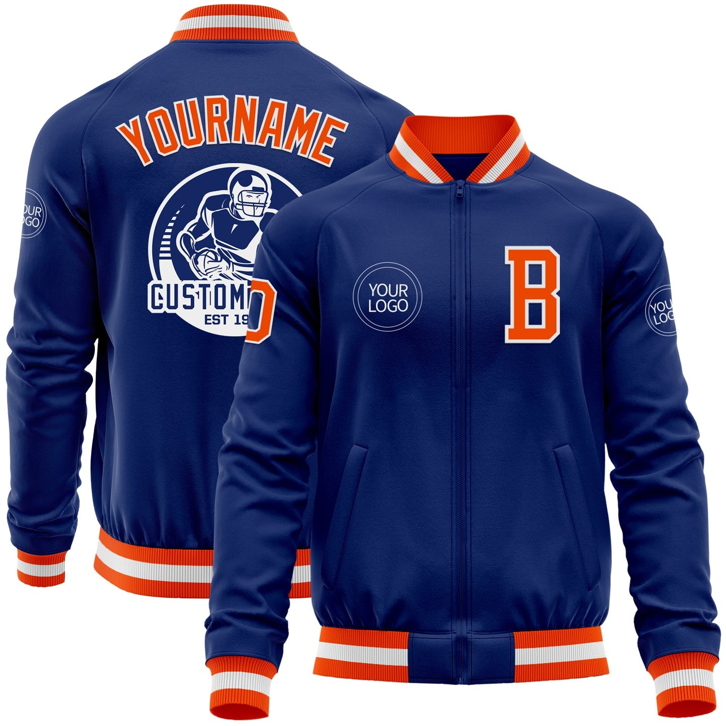 Custom Royal Orange-White Bomber Varsity Letterman Zipper Jacket - Main View