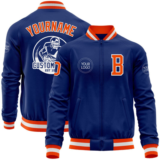 Custom Royal Orange-White Bomber Varsity Letterman Zipper Jacket - Main View
