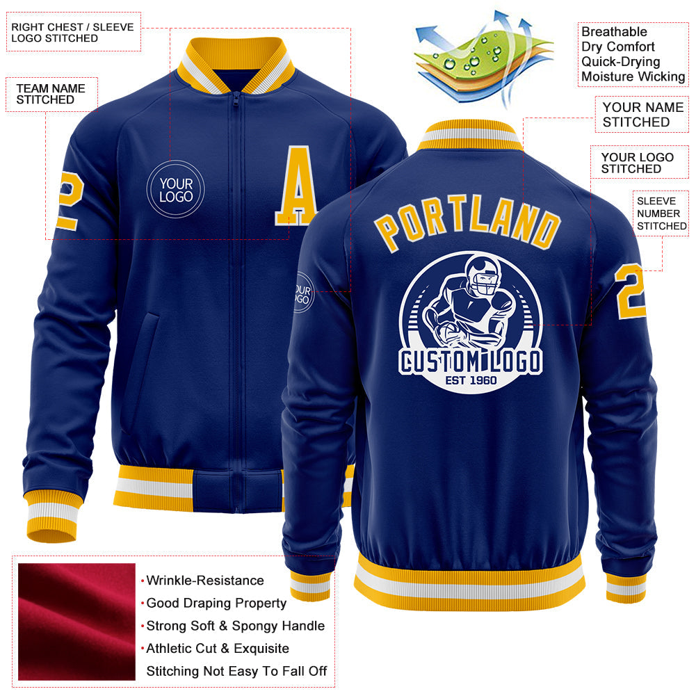 Custom Royal Gold-White Bomber Varsity Letterman Zipper Jacket view 4