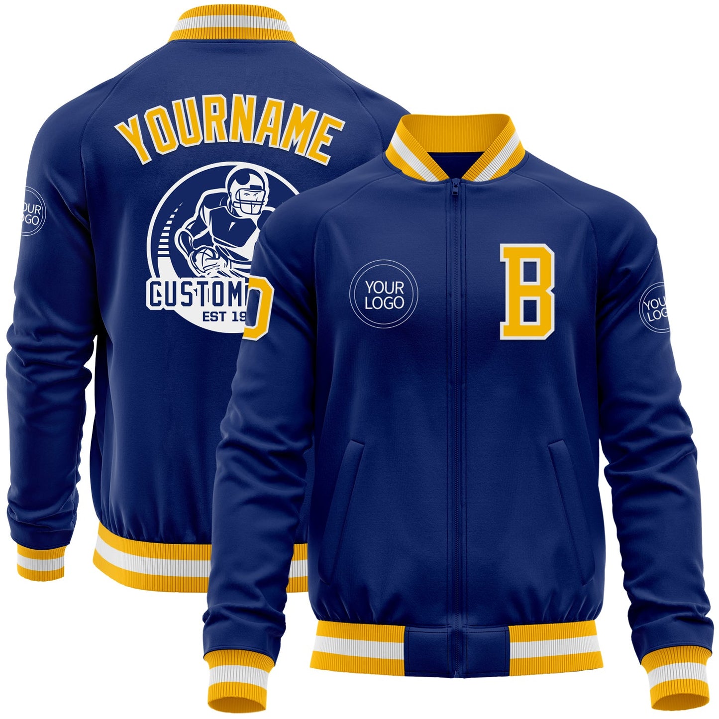 Custom Royal Gold-White Bomber Varsity Letterman Zipper Jacket - Main View