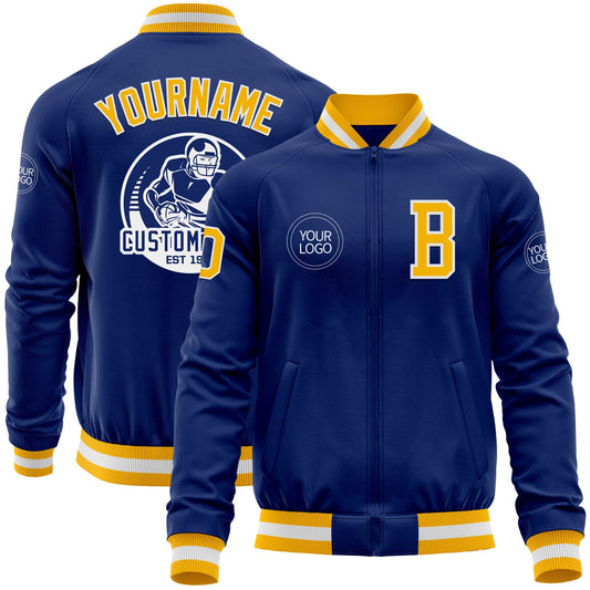 Custom Royal Gold-White Bomber Varsity Letterman Zipper Jacket - Main View