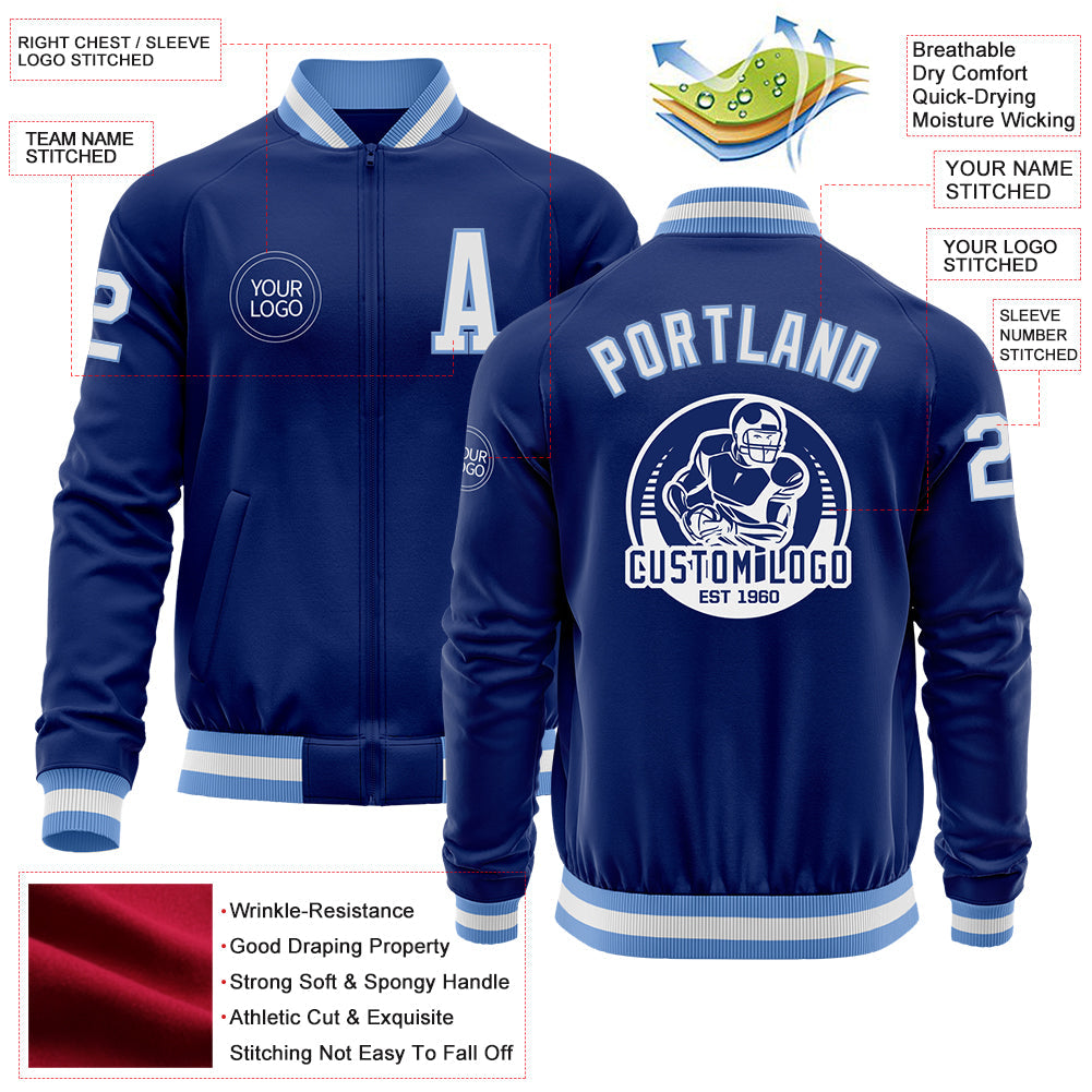 Custom Royal White-Light Blue Bomber Varsity Letterman Zipper Jacket view 4