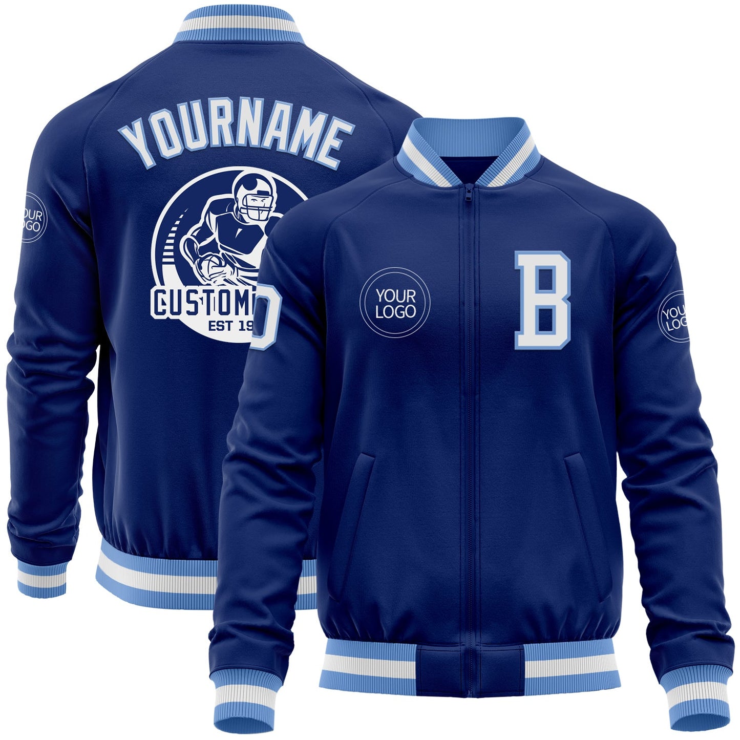 Custom Royal White-Light Blue Bomber Varsity Letterman Zipper Jacket - Main View