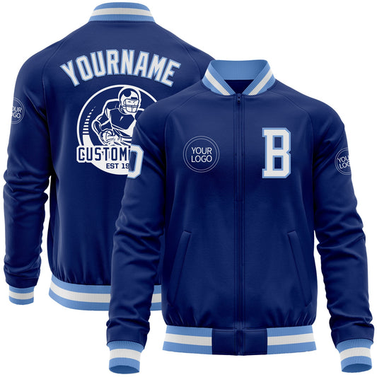 Custom Royal White-Light Blue Bomber Varsity Letterman Zipper Jacket - Main View