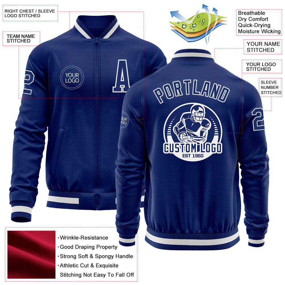 Custom Royal White Bomber Varsity Letterman Zipper Jacket view 4