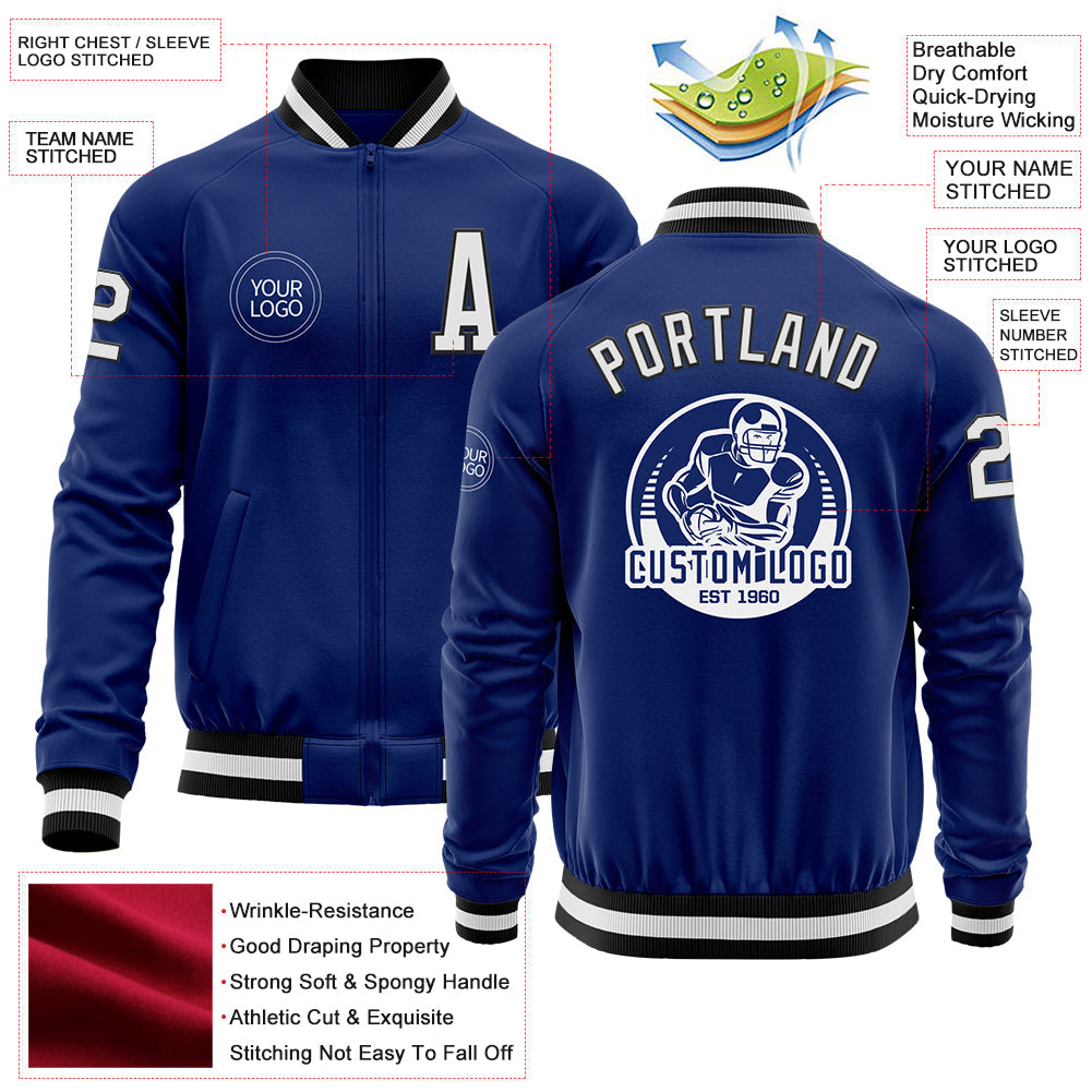 Custom Royal White-Black Bomber Varsity Letterman Zipper Jacket view 4