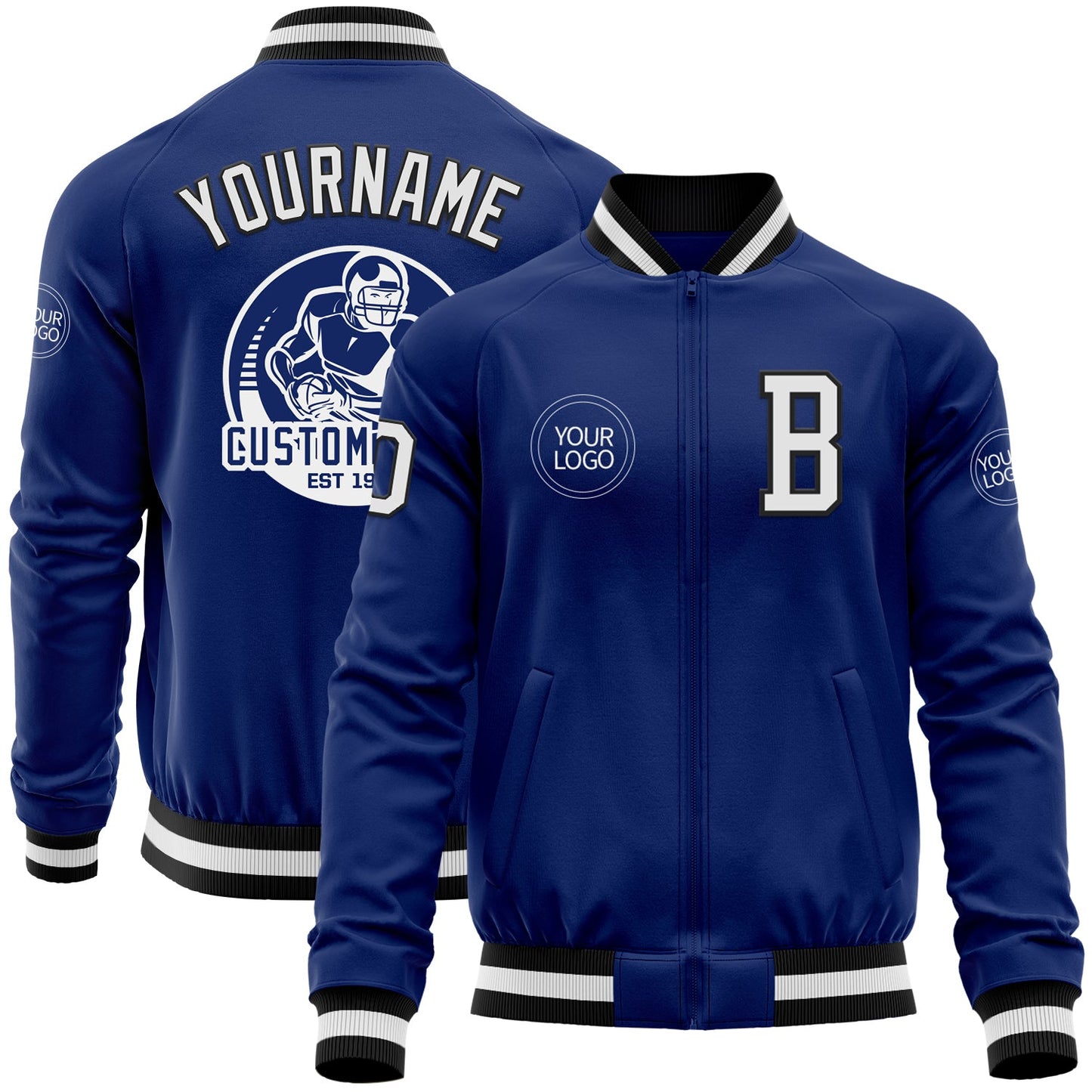 Custom Royal White-Black Bomber Varsity Letterman Zipper Jacket - Main View