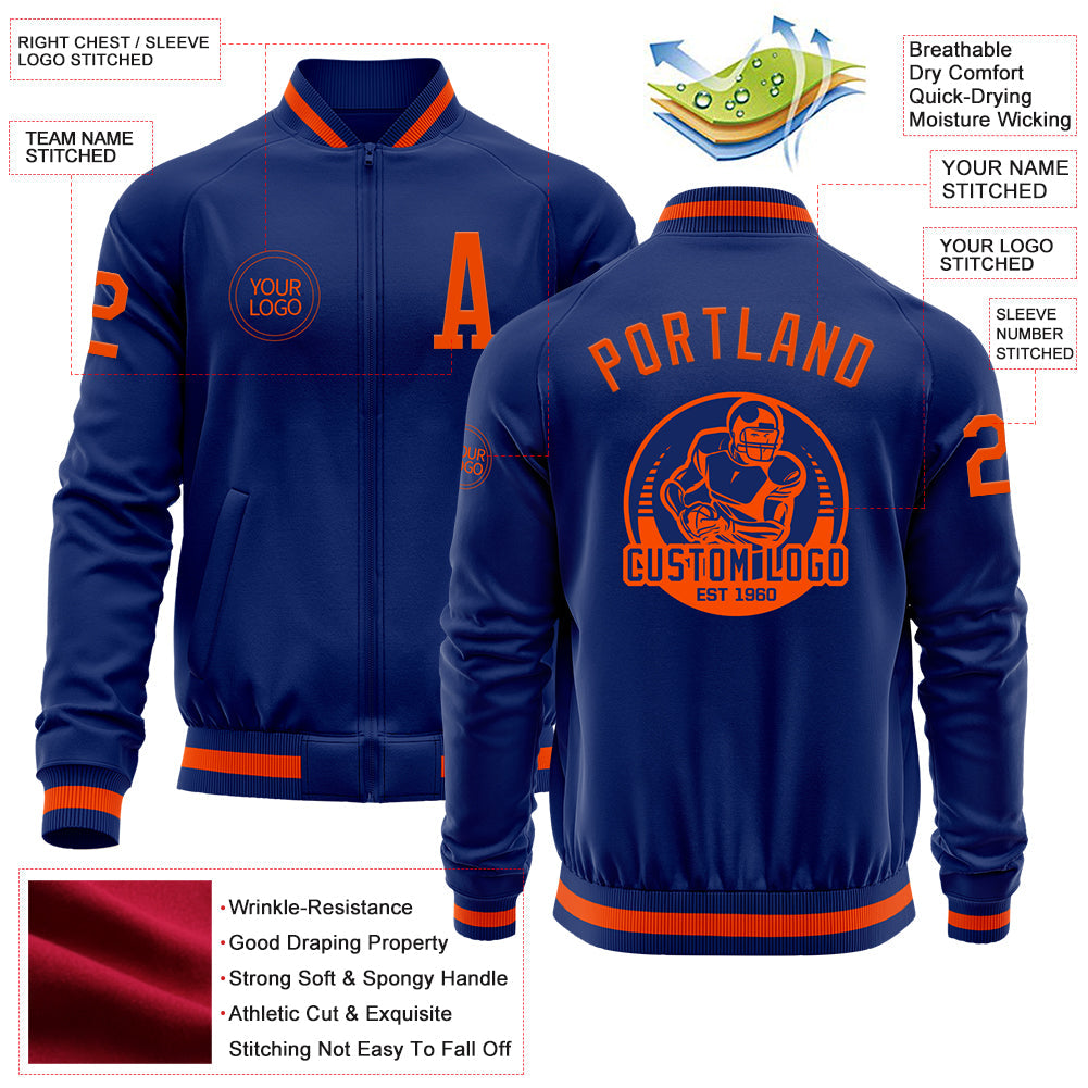 Custom Royal Orange Bomber Varsity Letterman Zipper Jacket view 4