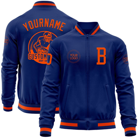 Custom Royal Orange Bomber Varsity Letterman Zipper Jacket - Main View