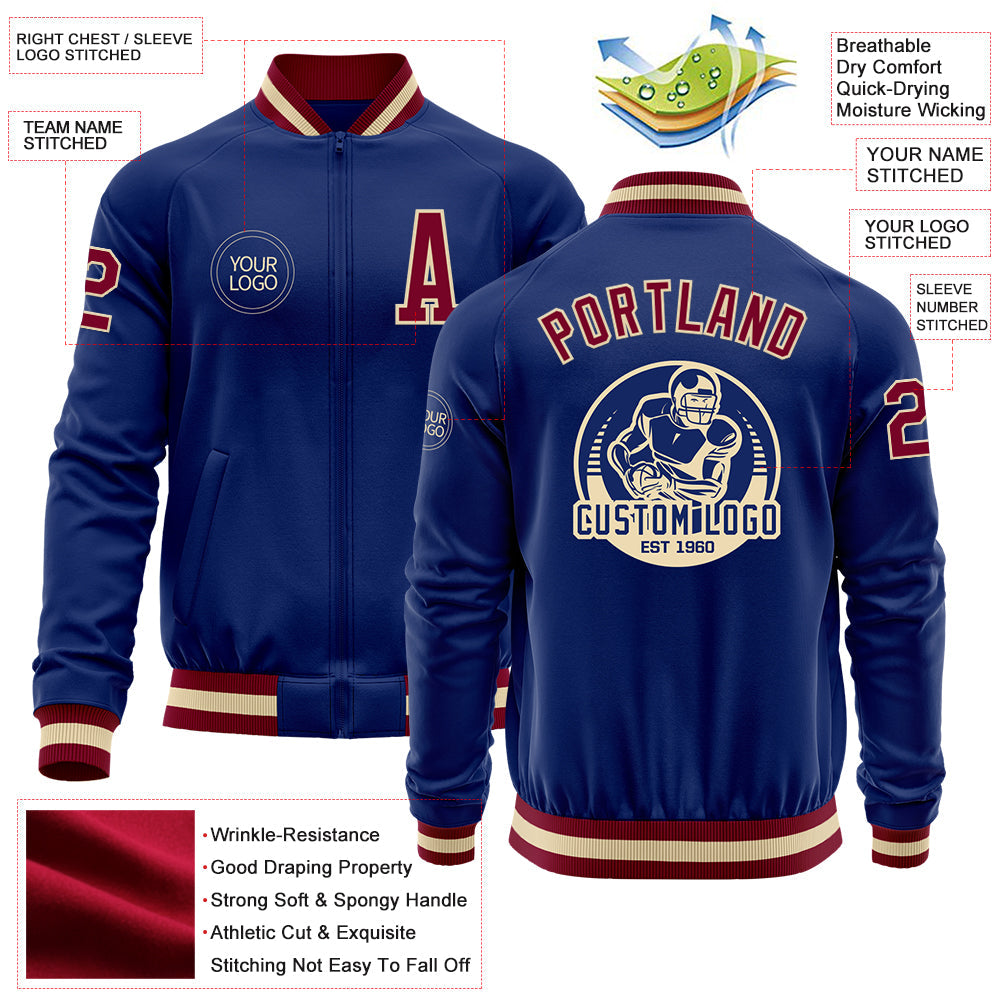 Custom Royal Maroon-Cream Bomber Varsity Letterman Zipper Jacket view 4
