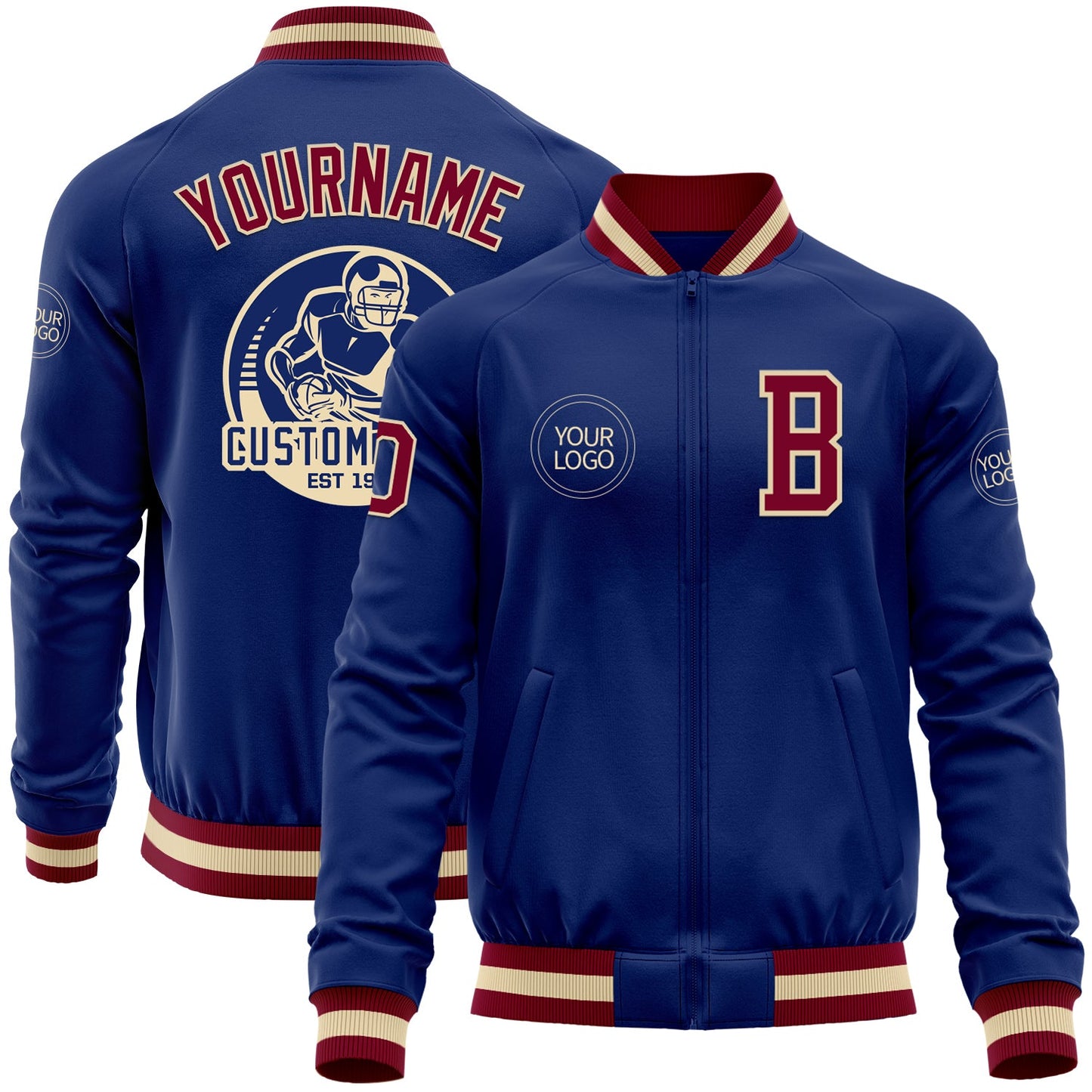 Custom Royal Maroon-Cream Bomber Varsity Letterman Zipper Jacket - Main View