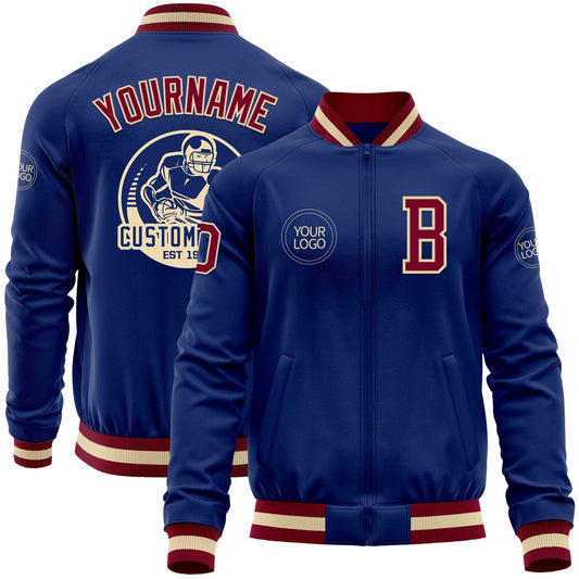 Custom Royal Maroon-Cream Bomber Varsity Letterman Zipper Jacket - Main View