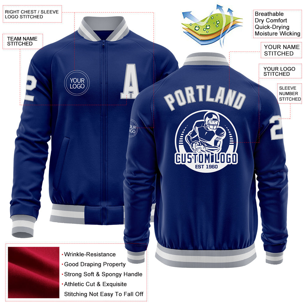 Custom Royal White-Gray Bomber Varsity Letterman Zipper Jacket view 4