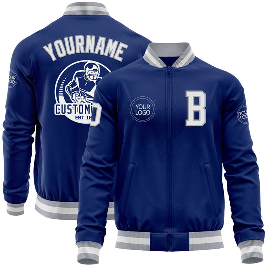 Custom Royal White-Gray Bomber Varsity Letterman Zipper Jacket - Main View