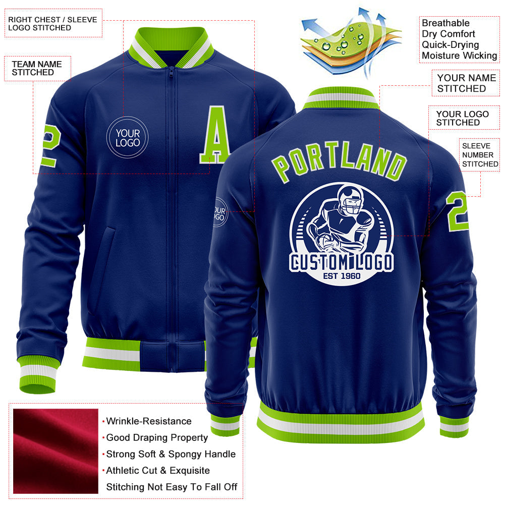 Custom Royal Neon Green-White Bomber Varsity Letterman Zipper Jacket view 4