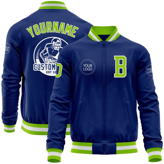 Custom Royal Neon Green-White Bomber Varsity Letterman Zipper Jacket - Main View