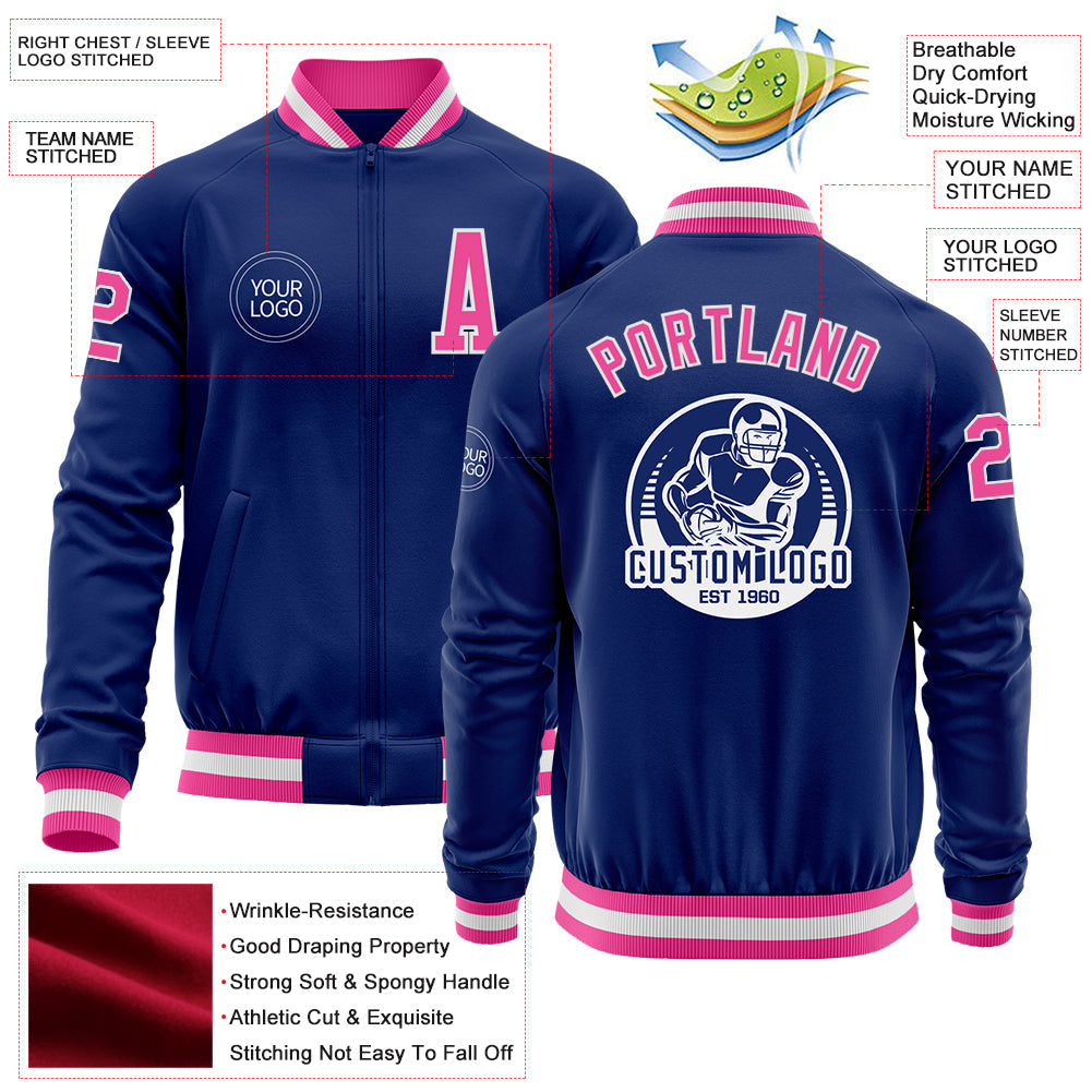 Custom Royal Pink-White Bomber Varsity Letterman Zipper Jacket view 4