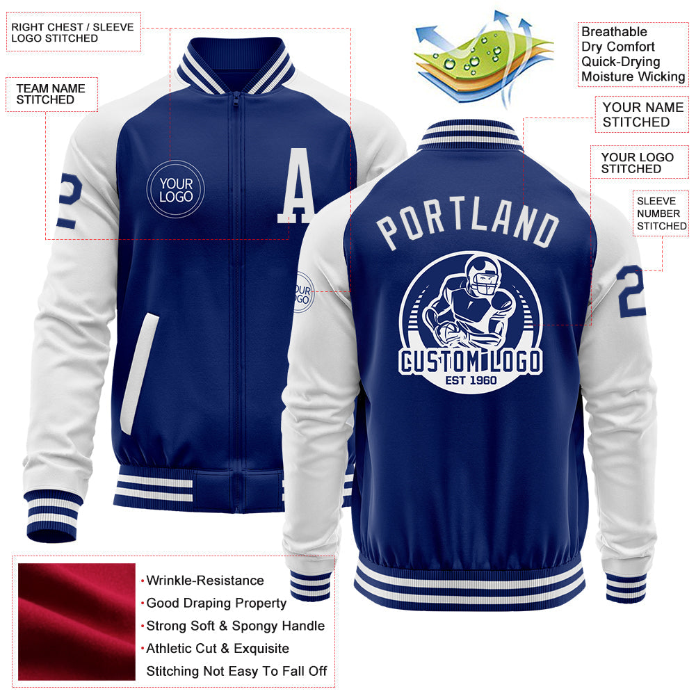 Custom Royal White Bomber Varsity Letterman Two Tone Zipper Jacket view 4
