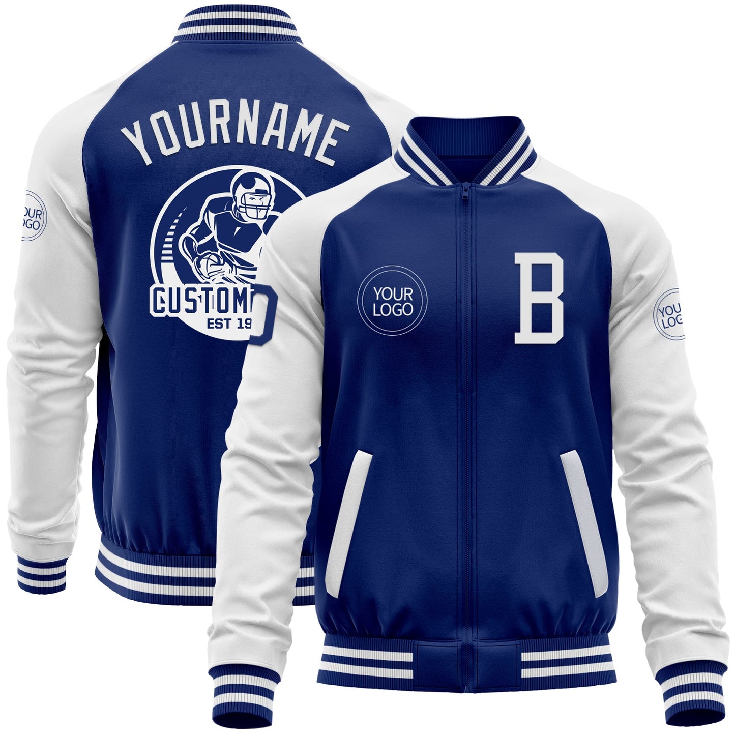 Custom Royal White Bomber Varsity Letterman Two Tone Zipper Jacket - Main View