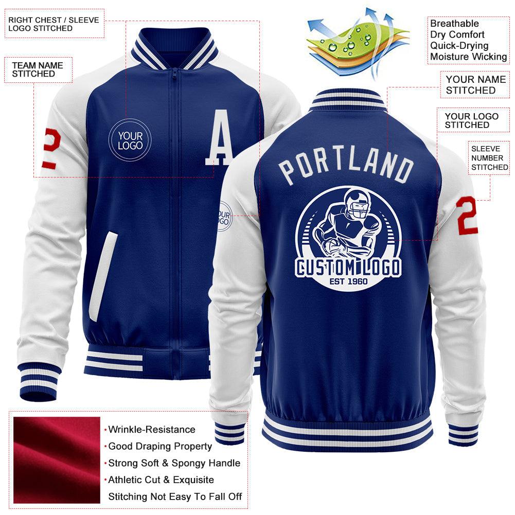 Custom Royal White-Red Bomber Varsity Letterman Two Tone Zipper Jacket view 4