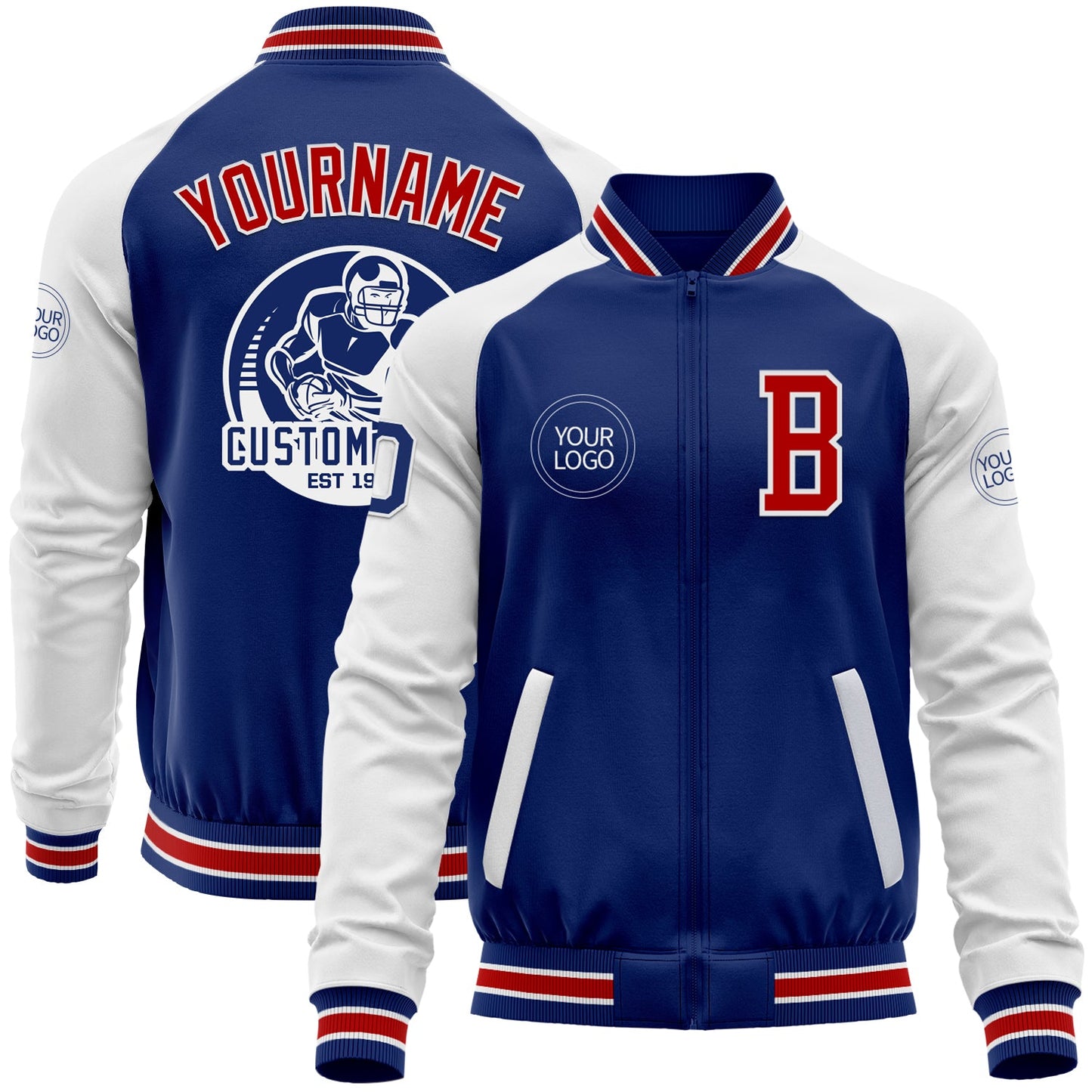 Custom Royal Red-White Bomber Varsity Letterman Two Tone Zipper Jacket - Main View