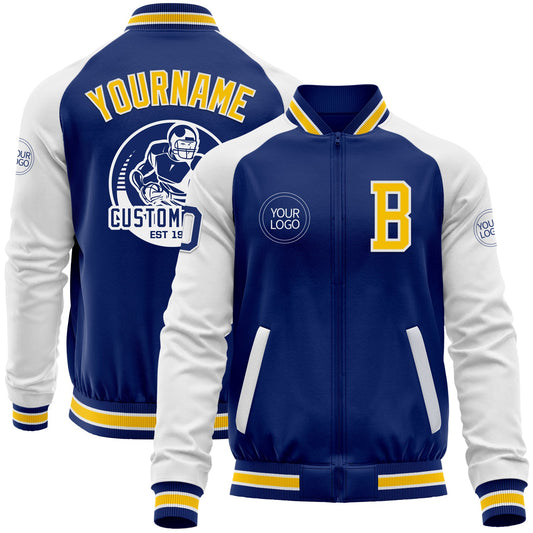Custom Royal Yellow-White Bomber Varsity Letterman Two Tone Zipper Jacket - Main View