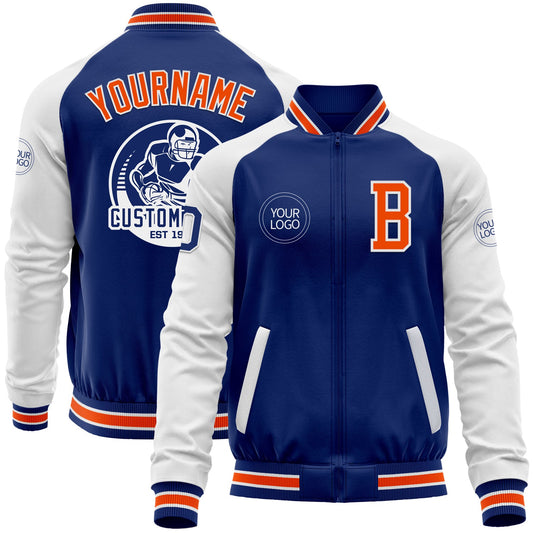 Custom Royal Orange-White Bomber Varsity Letterman Two Tone Zipper Jacket - Main View