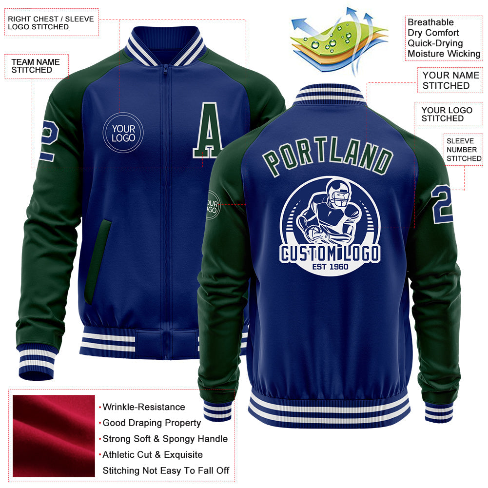 Custom Royal Green-White Bomber Varsity Letterman Two Tone Zipper Jacket view 4