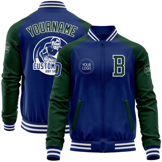 Custom Royal Green-White Bomber Varsity Letterman Two Tone Zipper Jacket - Main View