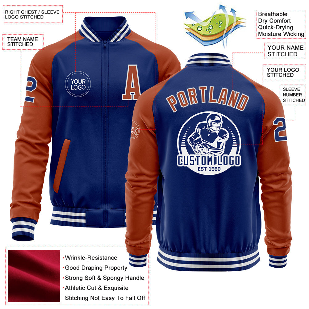 Custom Royal Texas Orange-White Bomber Varsity Letterman Two Tone Zipper Jacket view 4