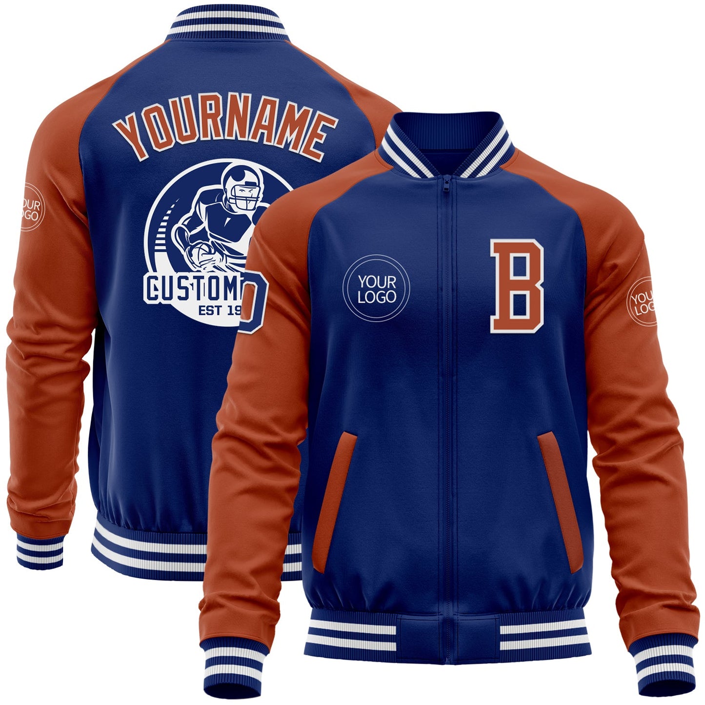 Custom Royal Texas Orange-White Bomber Varsity Letterman Two Tone Zipper Jacket - Main View