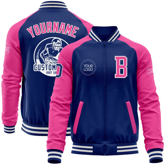 Custom Royal Pink-White Bomber Varsity Letterman Two Tone Zipper Jacket - Main View